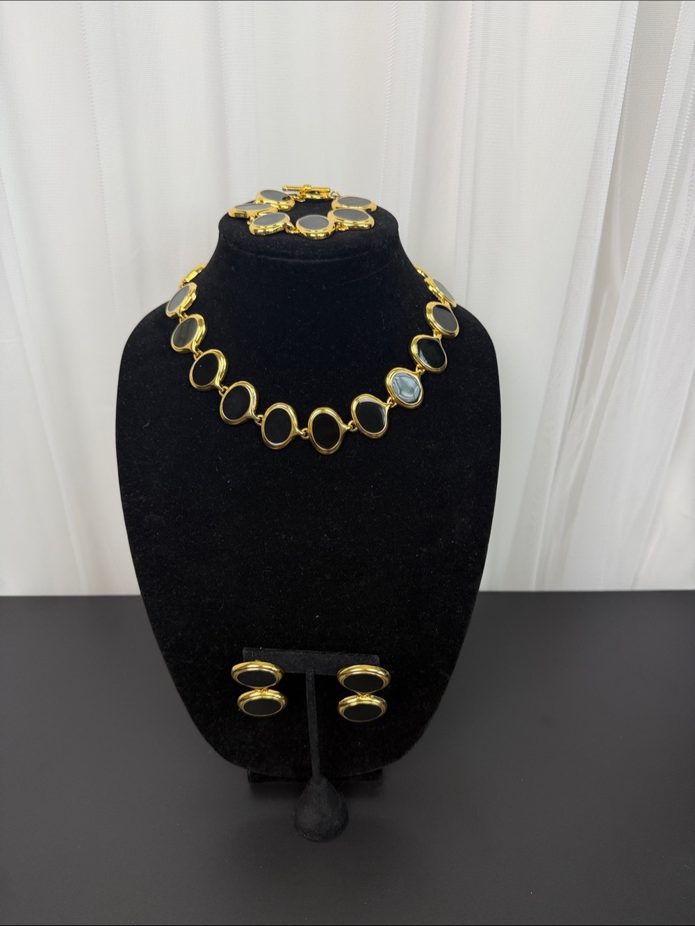 Gold-Tone Black Stone Necklace, Bracelet & Earring Set